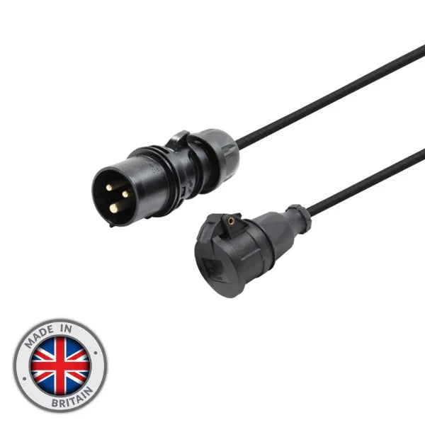 1m PCE 16A Black Plug to Schuko Socket Cable