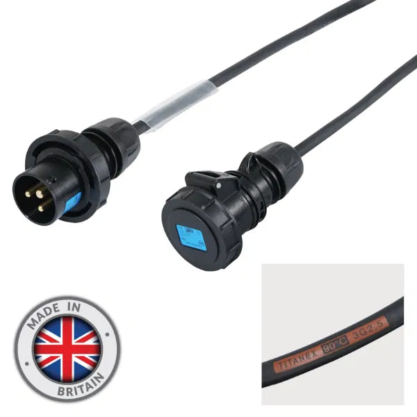 3m 2.5mm IP67 Black 16A Male - 16A Female Cable