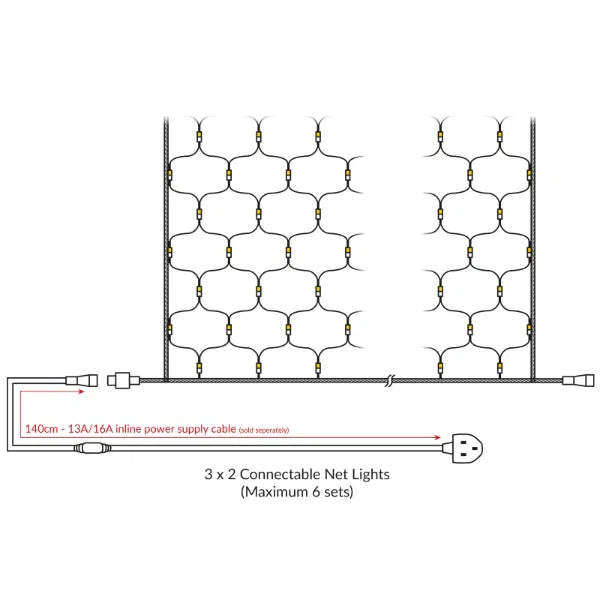 Rubber Connectable, Dimmable LED Net Lights Warm White, 3 x 2m