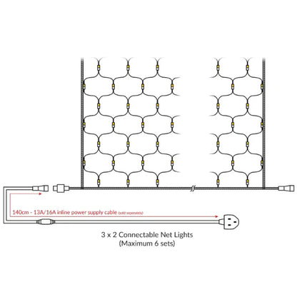 Rubber Connectable, Dimmable LED Net Lights Warm White, 3 x 2m